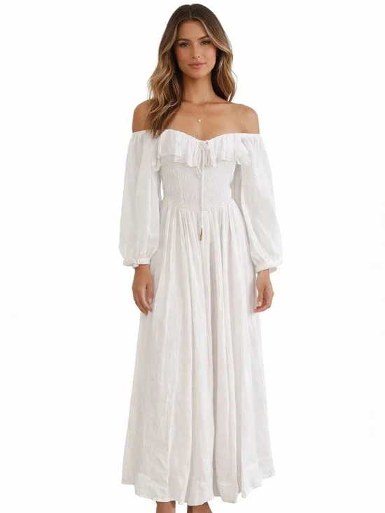 Free People White Off-Shoulder Maxi Dress with Ruffle Neckline - Picture 2 of 7